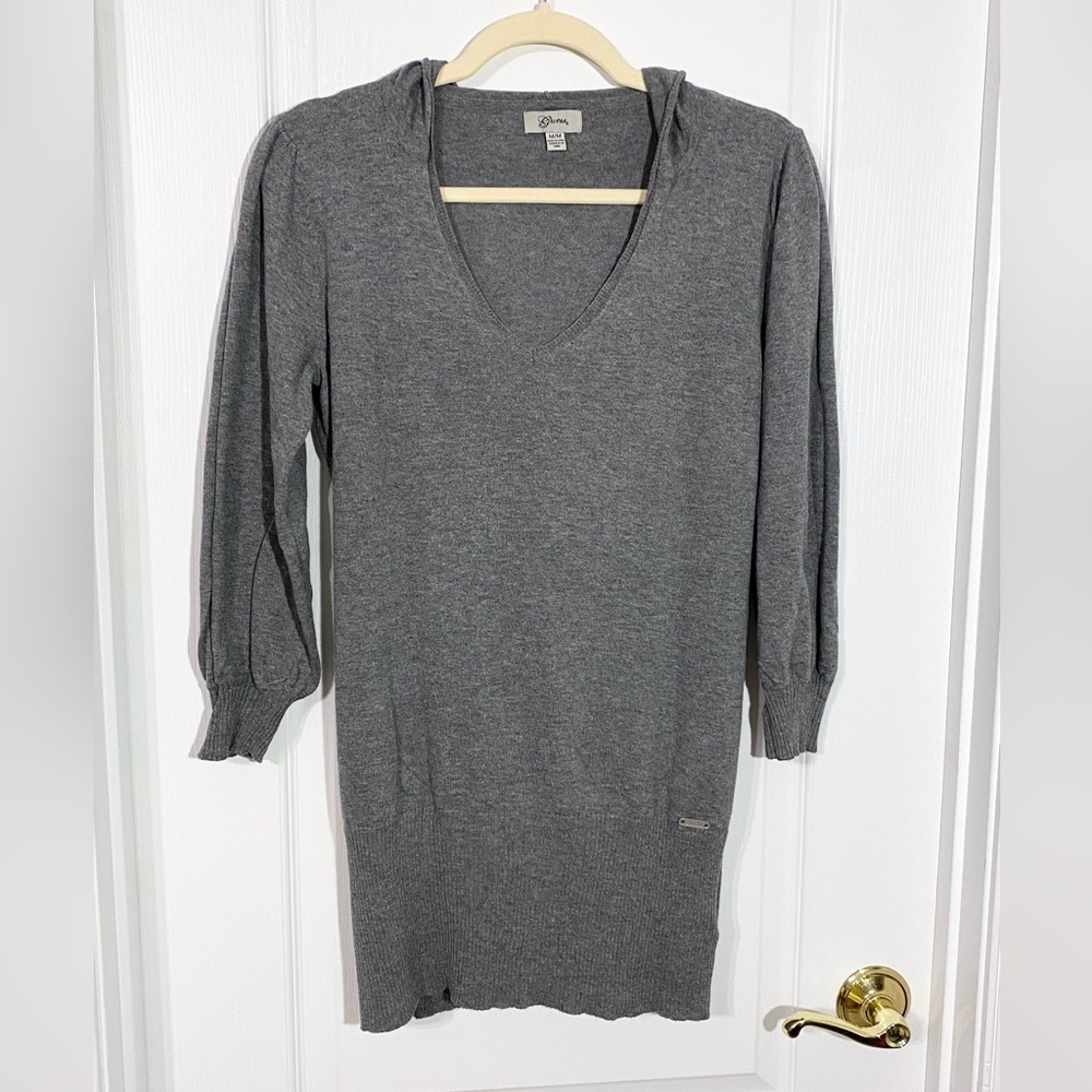 Y2K Guess Hooded Cotton Knit Tunic Sweater Gray Medium